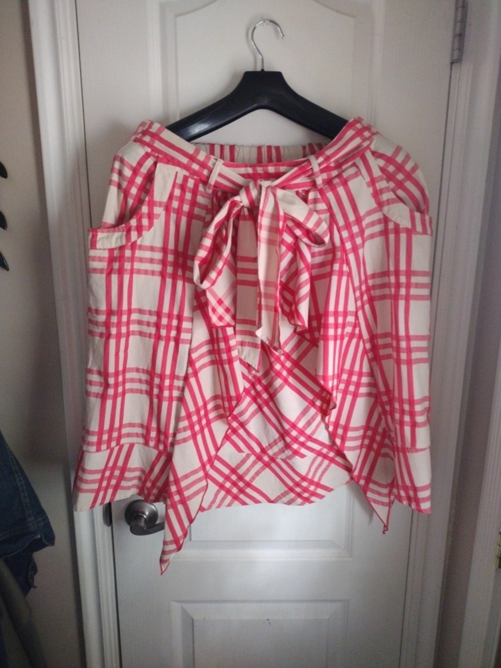Vintage Korean Women’s Cream and Pink Plaid A-Line Skirt with Waist Tie
